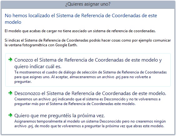 Cuadro de diálogo solicitando asignar un sistema de referencia de coordenadas a un modelo