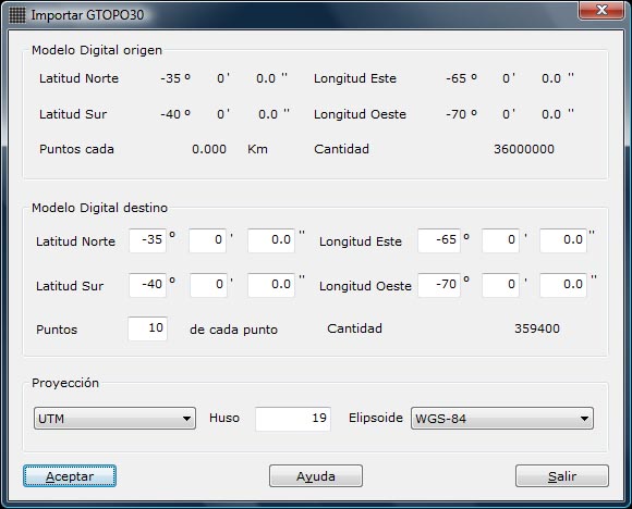cuadro de diálogo importar archivos GTOPO30