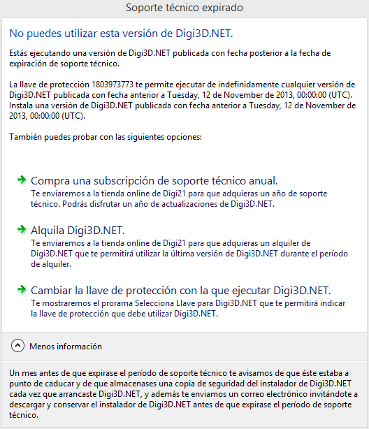 Cuadro de diálogo indicando que el soporte técnico está expirado
