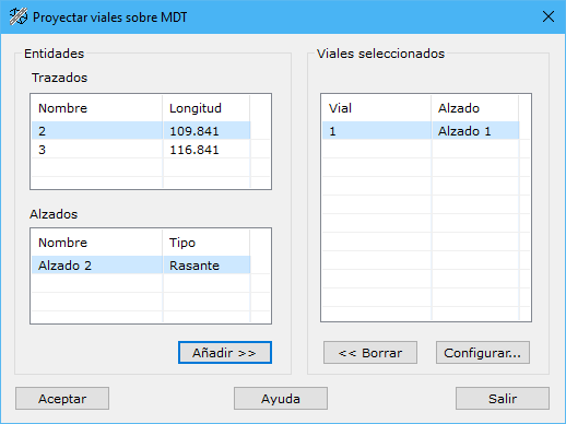 Cuadro de diálogo Proyectar viales sobre MDT