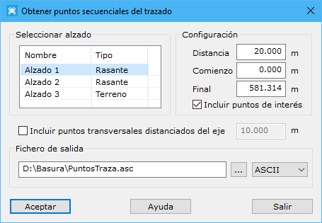 Cuadro de diálogo Obtener puntos secuenciales del trazado