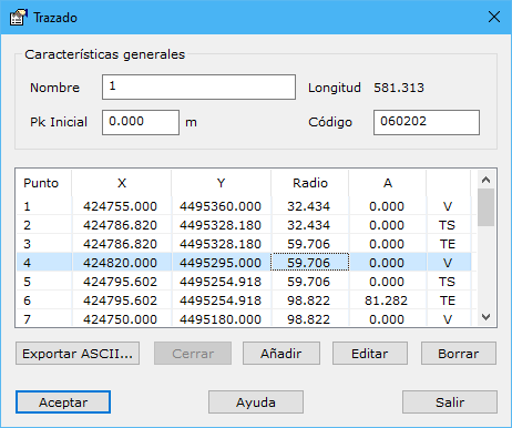 Cuadro de diálogo Información del trazado