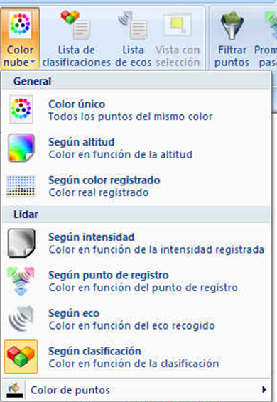 Opciones de visualización de la nube de puntos
