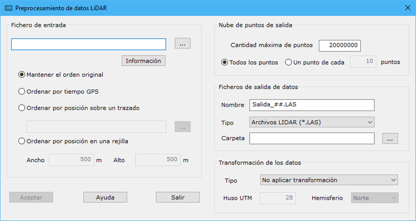 Cuadro de diálogo Preprocesamiento de datos LiDAR