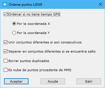 Cuadro de diálogo Ordenar puntos LiDAR