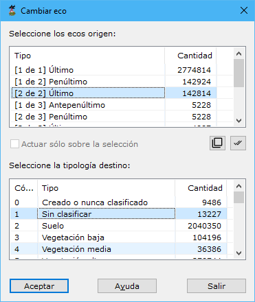 Cuadro de diálogo Cambiar clasificación según eco