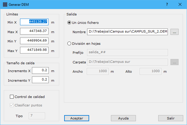 Cuadro de diálogo Generar DEM