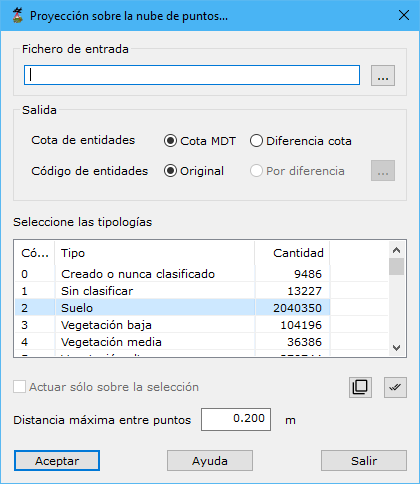 Cuadro de diálogo Proyección sobre la nube de puntos