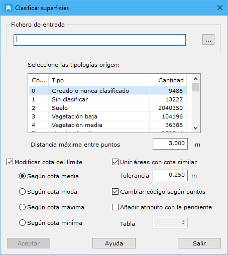 Cuadro de diálogo Clasificar superficies