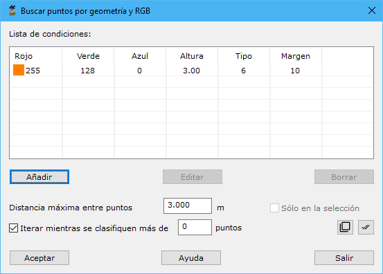 Cuadro de diálogo Buscar puntos por geometría y RGB