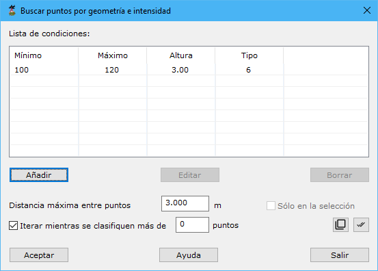 Cuadro de diálogo Buscar puntos por geometría e intensidad