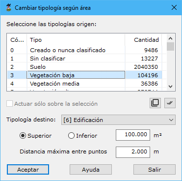 Cuadro de diálogo Cambiar tipología según área