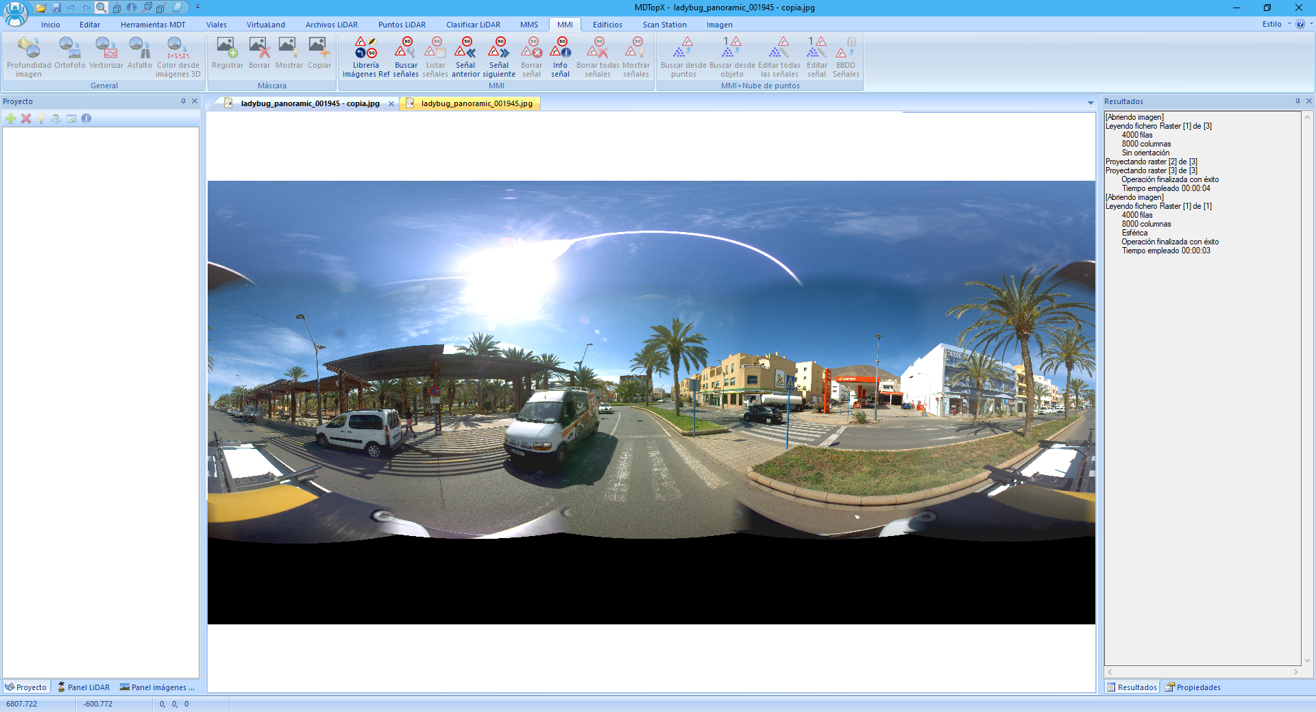 Imagen 360 antes de cargar la georreferenciación. Se muestra como una imagen rectangular