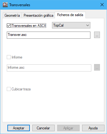 Cuadro de diálogo Transversales, pestaña Ficheros de salida