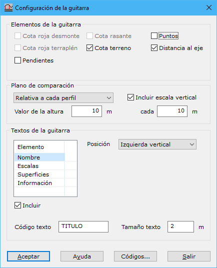 Cuadro de diálogo Configuración de la guitarra de perfiles transversales