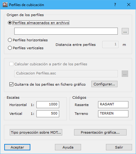 Cuadro de diálogo Perfiles de cubicación
