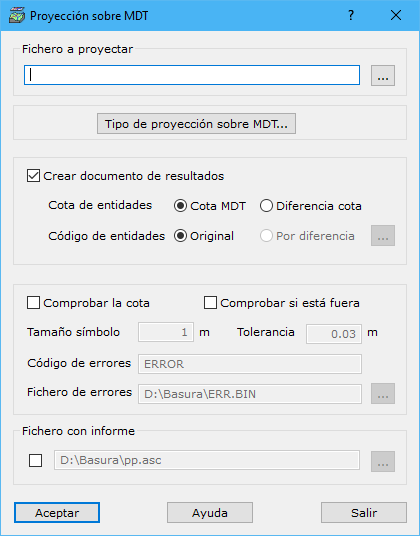 Cuadro de diálogo Proyección sobre MDT