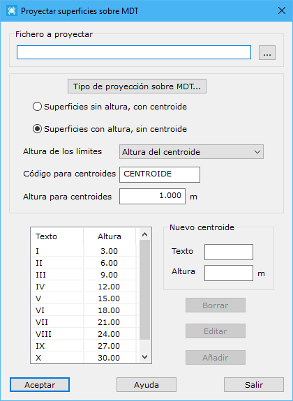 Cuadro de diálogo Proyectar superficies sobre MDT