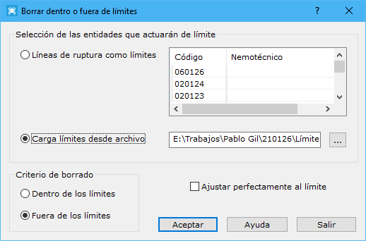 Cuadro de diálogo Borrar fuera o dentro de límites