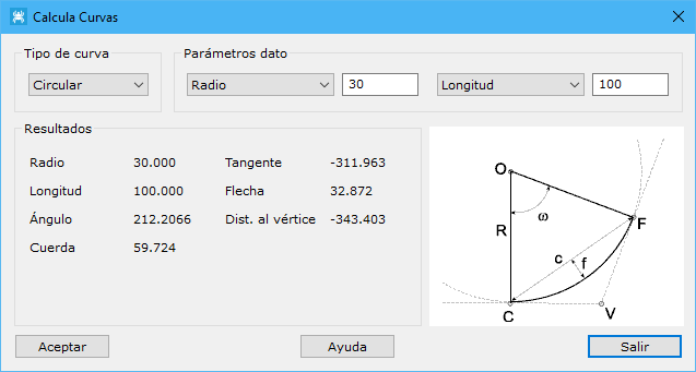 Cuadro de diálogo Calcula curvas circulares