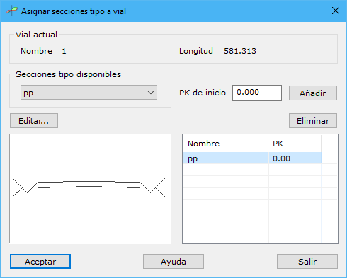 Cuadro de diálogo Asignar secciones tipo a vial