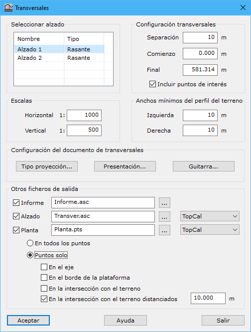 Cuadro de diálogo Transversales de vial
