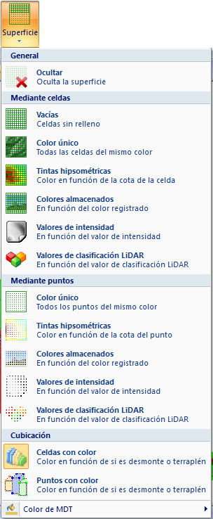 menú con opciones para visualización de superficies