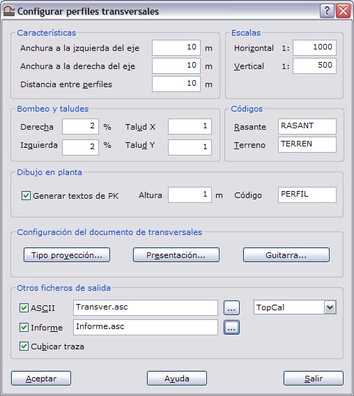 cuadro de diálogo Perfiles transversales