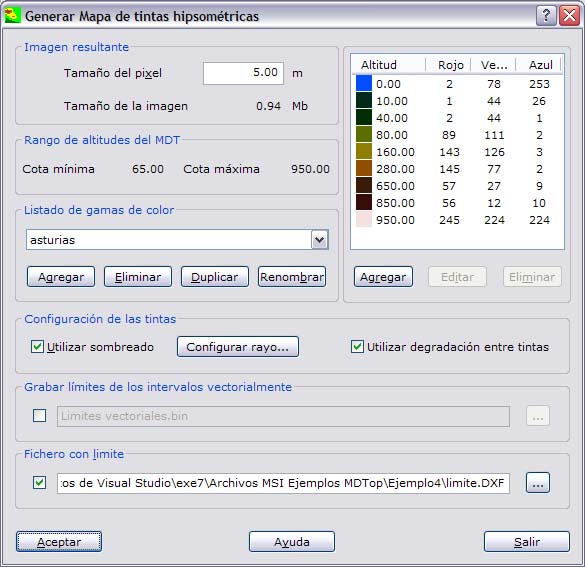 cuadro de diálogo Tintas hipsométricas