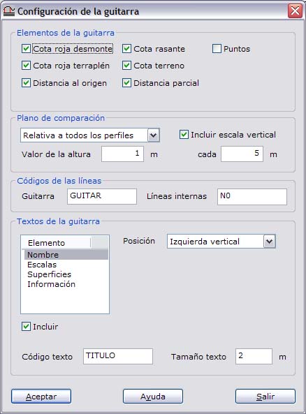 cuadro de diálogo de configuración de la guitarra