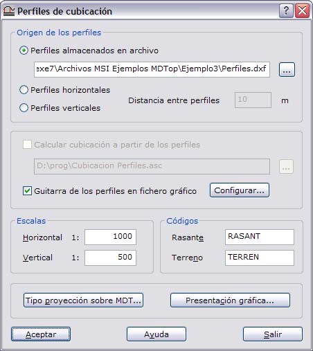 cuadro de diálogo Perfiles de cubicación