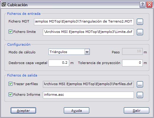 cuadro de diálogo Cubicación