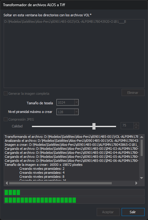 Cuadro de diálogo Transformador de archivos ALOS a Tiff con una escena en la lista, las opciones de conversión, la zona de registro y las dos barras de progreso