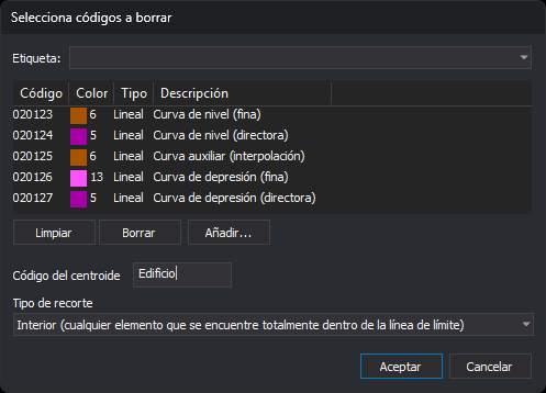 Cuadro de diálogo Selecciona códigos a borrar