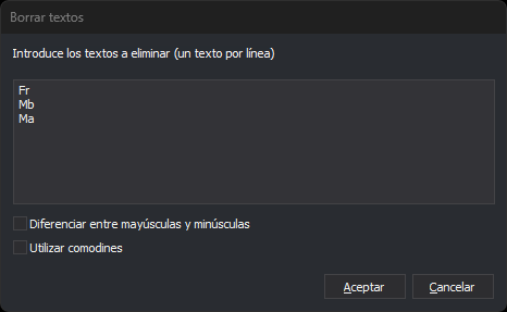 Cuadro de diálogo Borrar textos