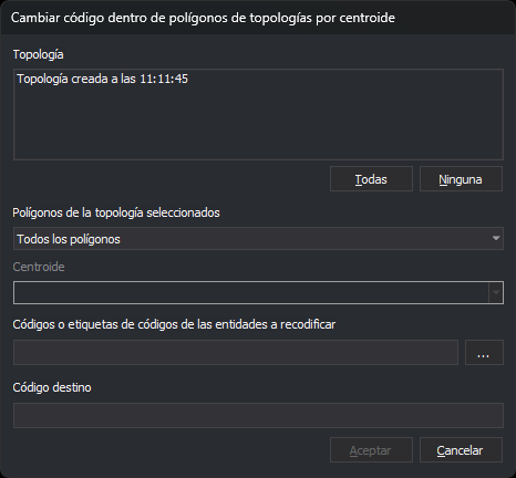 Cuadro de diálogo Cambiar código dentro de polígonos de topologías por centroide