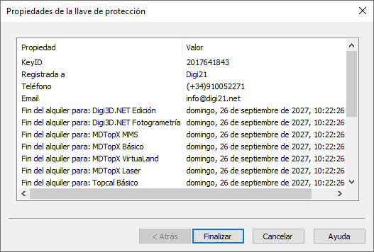 Página Propiedades de la llave de protección con los datos del propietario y las fechas de fin de alquiler de cada producto