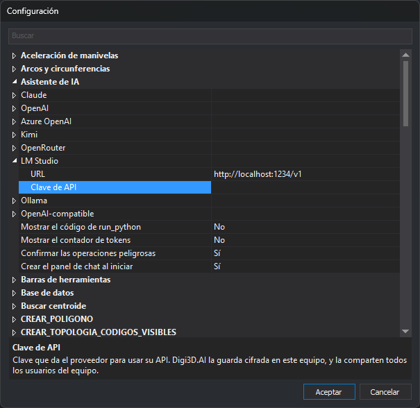 Cuadro de diálogo Configuración con la categoría Asistente de IA desplegada