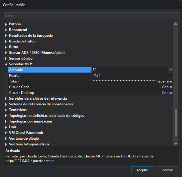 Cuadro de diálogo Configuración con la categoría Servidor MCP desplegada