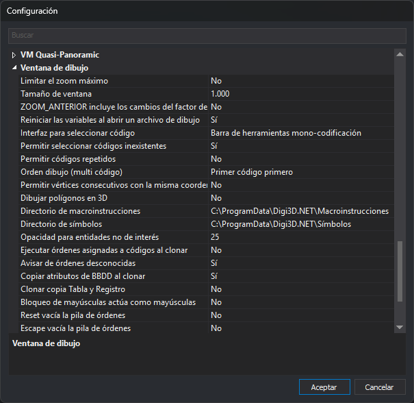 Cuadro de diálogo Configuración con la categoría Ventana de dibujo desplegada