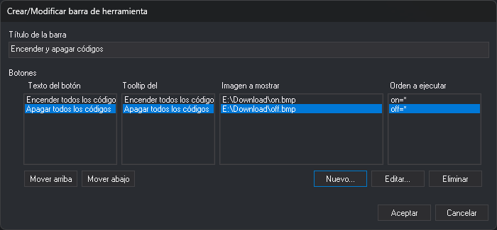 Cuadro de diálogo Crear/Modificar barra de herramienta