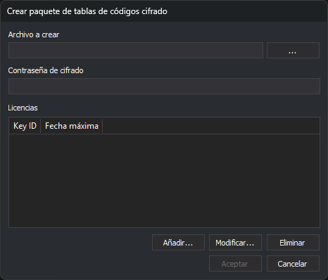 Cuadro de diálogo Crear paquete de tablas de códigos cifrado