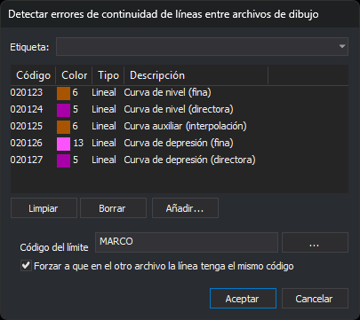 Cuadro de diálogo Detectar errores de continuidad de líneas entre archivos de dibujo