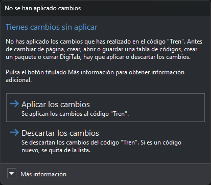 Cuadro No se han aplicado cambios al cambiar de página desde Códigos