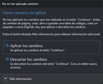 Cuadro No se han aplicado cambios al cambiar de página desde Estilos