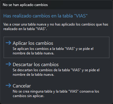 Cuadro No se han aplicado cambios al pulsar Nueva