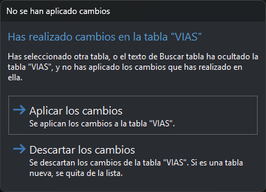 Cuadro No se han aplicado cambios al seleccionar otra tabla