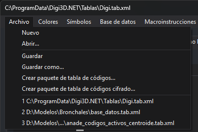 Menú Archivo del editor de tablas de códigos con tres tablas recientes