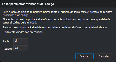 Cuadro de diálogo Editar parámetros avanzados del código