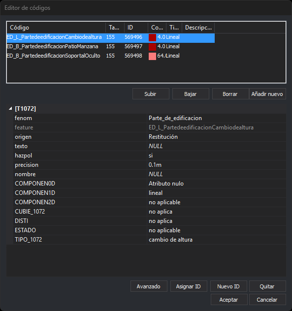 Cuadro de diálogo Editor de códigos con una entidad de tres códigos